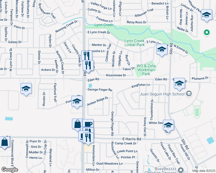 map of restaurants, bars, coffee shops, grocery stores, and more near 245 George Finger Road in Arlington