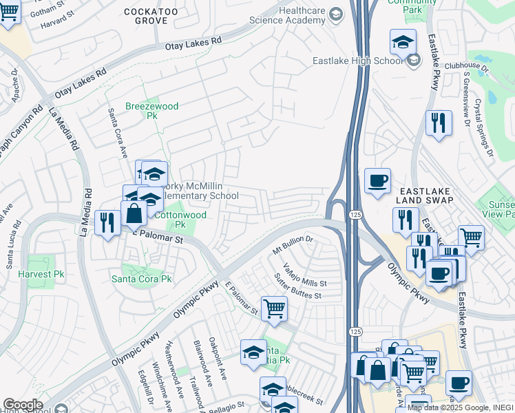 map of restaurants, bars, coffee shops, grocery stores, and more near 1271 Gorge Run Way in Chula Vista