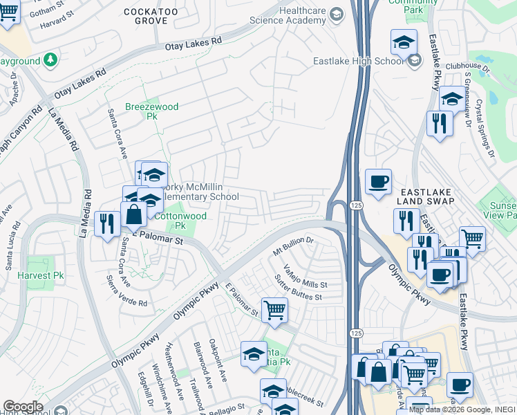 map of restaurants, bars, coffee shops, grocery stores, and more near 1279 Gorge Run Way in Chula Vista