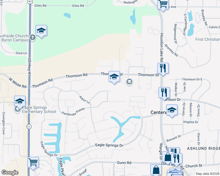 map of restaurants, bars, coffee shops, grocery stores, and more near 104 Crosslink Trail in Centerville