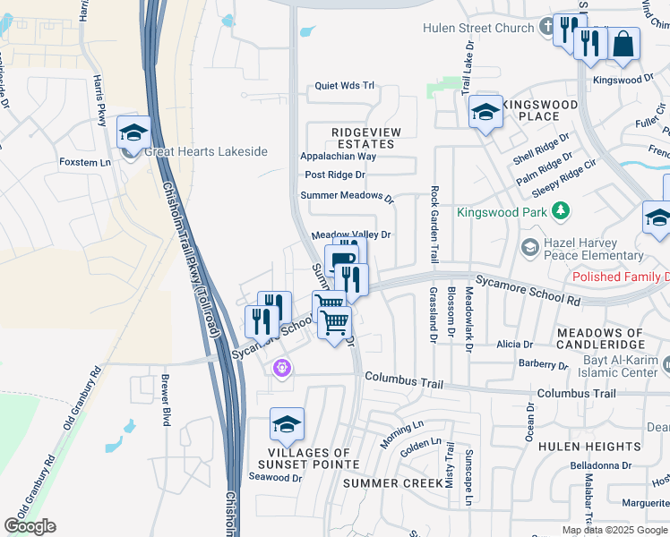 map of restaurants, bars, coffee shops, grocery stores, and more near 5228 Sycamore School Road in Fort Worth