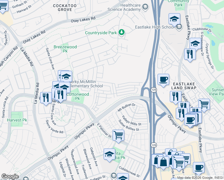 map of restaurants, bars, coffee shops, grocery stores, and more near 1279 Gorge Run Way in Chula Vista