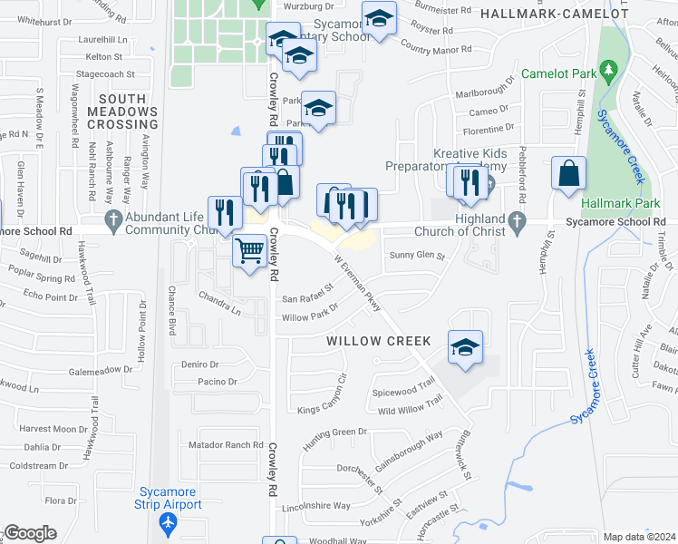 map of restaurants, bars, coffee shops, grocery stores, and more near 1704 San Rafael Street in Fort Worth