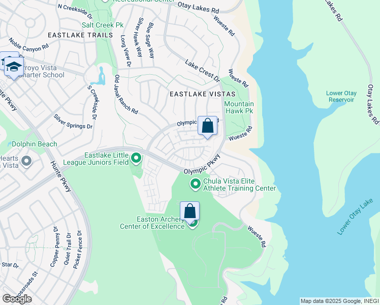 map of restaurants, bars, coffee shops, grocery stores, and more near 1545 Gold Medal Way in Chula Vista
