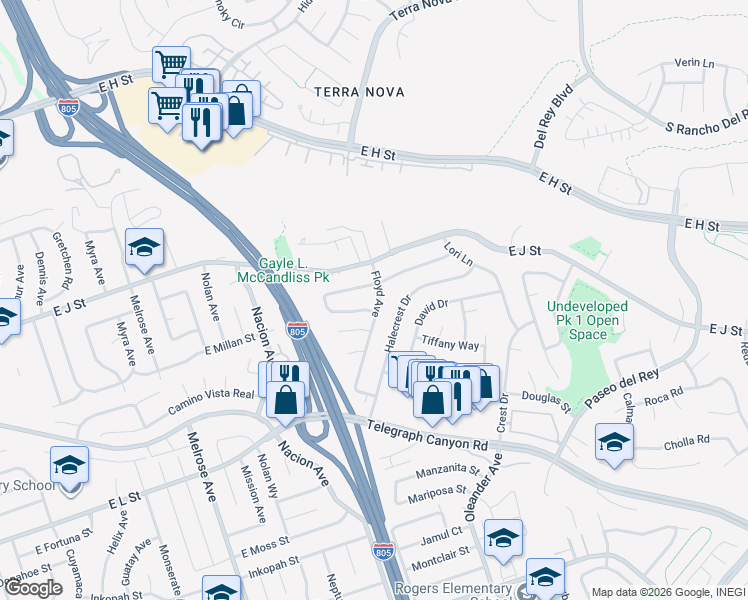 map of restaurants, bars, coffee shops, grocery stores, and more near 823 Floyd Avenue in Chula Vista