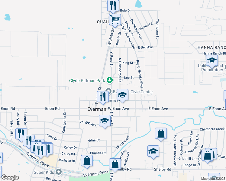 map of restaurants, bars, coffee shops, grocery stores, and more near 212 North Race Street in Fort Worth
