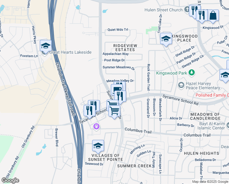 map of restaurants, bars, coffee shops, grocery stores, and more near 5228 Sycamore School Road in Fort Worth