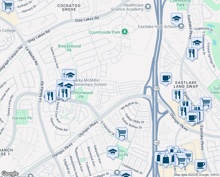map of restaurants, bars, coffee shops, grocery stores, and more near in Chula Vista