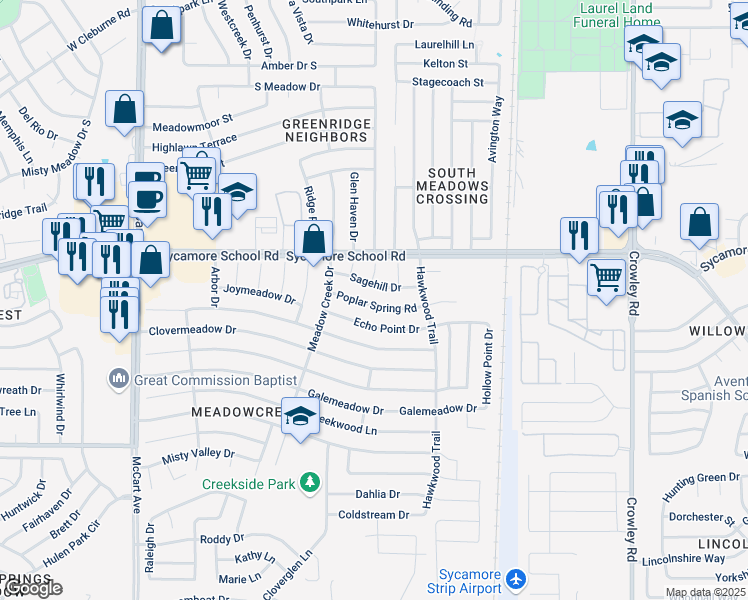 map of restaurants, bars, coffee shops, grocery stores, and more near 2612 Poplar Spring Road in Fort Worth