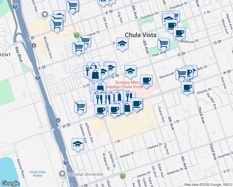map of restaurants, bars, coffee shops, grocery stores, and more near 540 G Street in Chula Vista