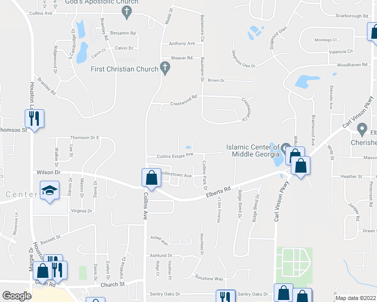 map of restaurants, bars, coffee shops, grocery stores, and more near 203 Collins Estate Avenue in Centerville