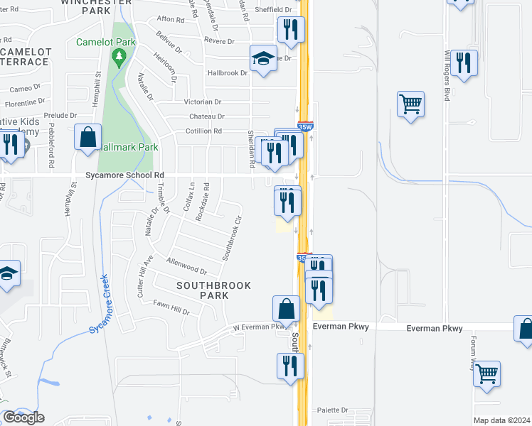 map of restaurants, bars, coffee shops, grocery stores, and more near 7 in Fort Worth