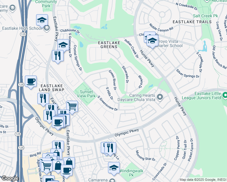 map of restaurants, bars, coffee shops, grocery stores, and more near 2380 Green River Drive in Chula Vista