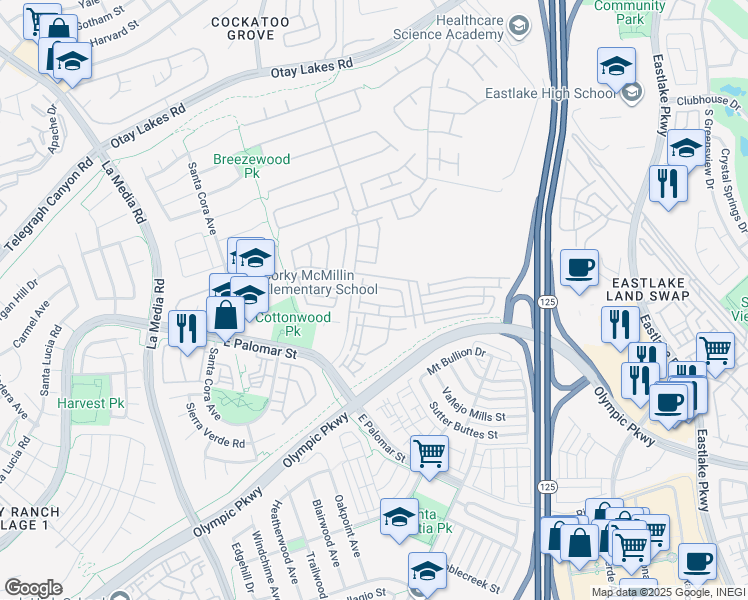 map of restaurants, bars, coffee shops, grocery stores, and more near 1865 Miner Creek Lane in Chula Vista