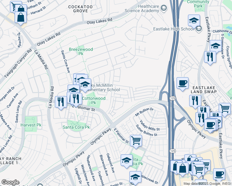 map of restaurants, bars, coffee shops, grocery stores, and more near 1865 Miner Creek Lane in Chula Vista