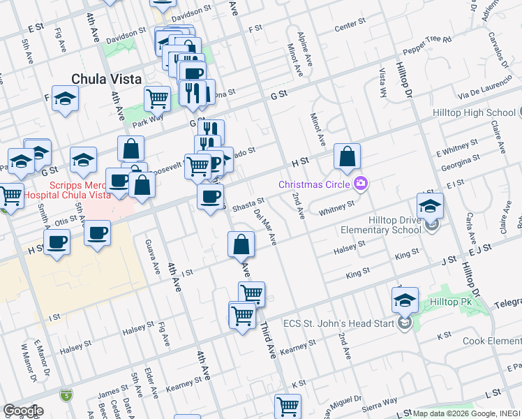 map of restaurants, bars, coffee shops, grocery stores, and more near 257 Shasta Street in Chula Vista