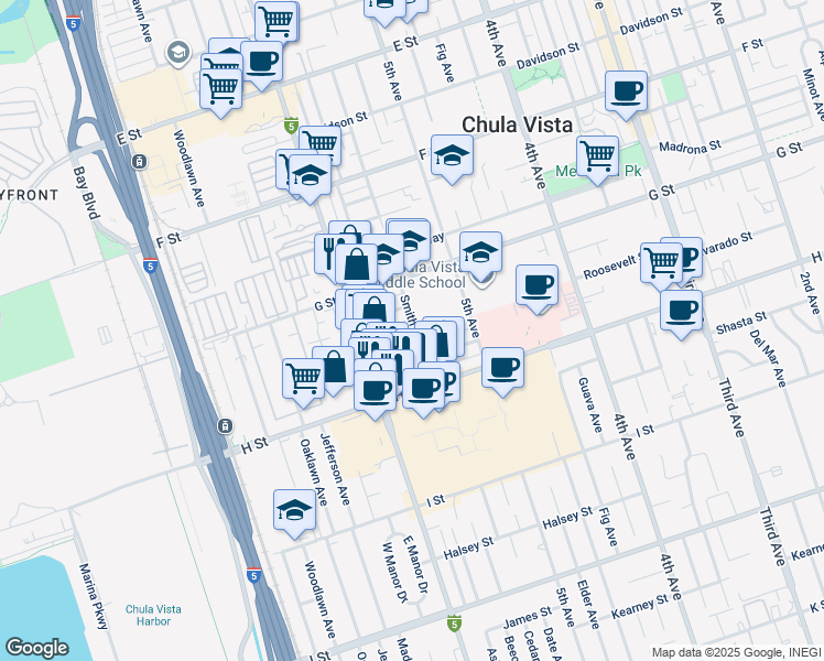 map of restaurants, bars, coffee shops, grocery stores, and more near 426 Smith Avenue in Chula Vista