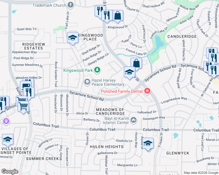 map of restaurants, bars, coffee shops, grocery stores, and more near 4700 Sea Ridge Court in Fort Worth