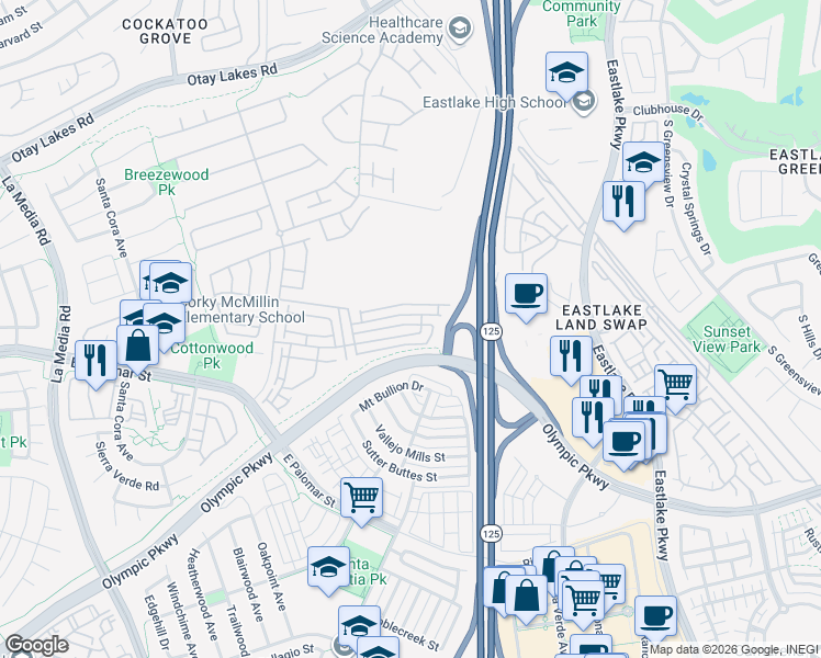 map of restaurants, bars, coffee shops, grocery stores, and more near 1993 Geyserville Street in Chula Vista