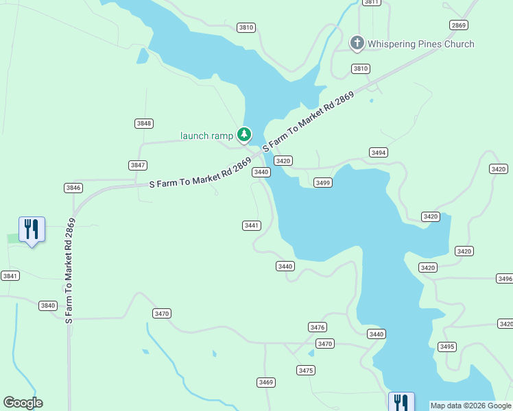map of restaurants, bars, coffee shops, grocery stores, and more near County Road 3441 in Hawkins