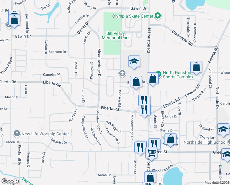 map of restaurants, bars, coffee shops, grocery stores, and more near 315 Johnson Road in Warner Robins