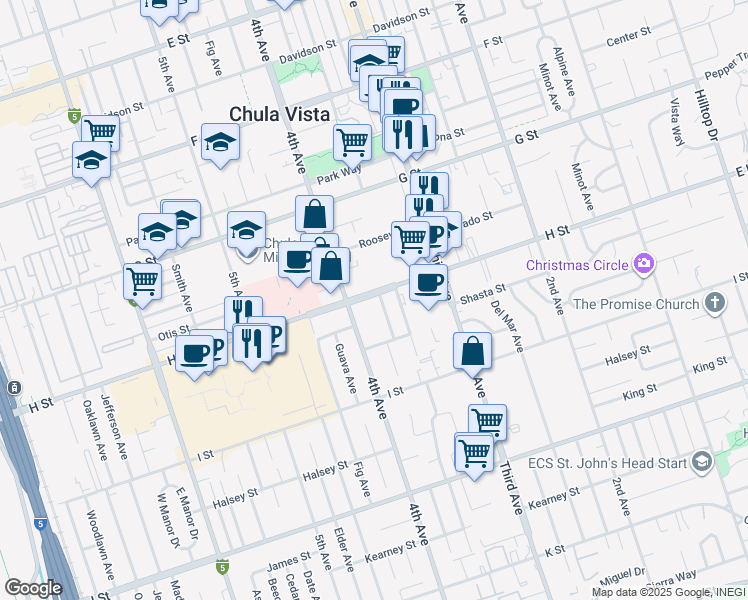 map of restaurants, bars, coffee shops, grocery stores, and more near 355 H Street in Chula Vista