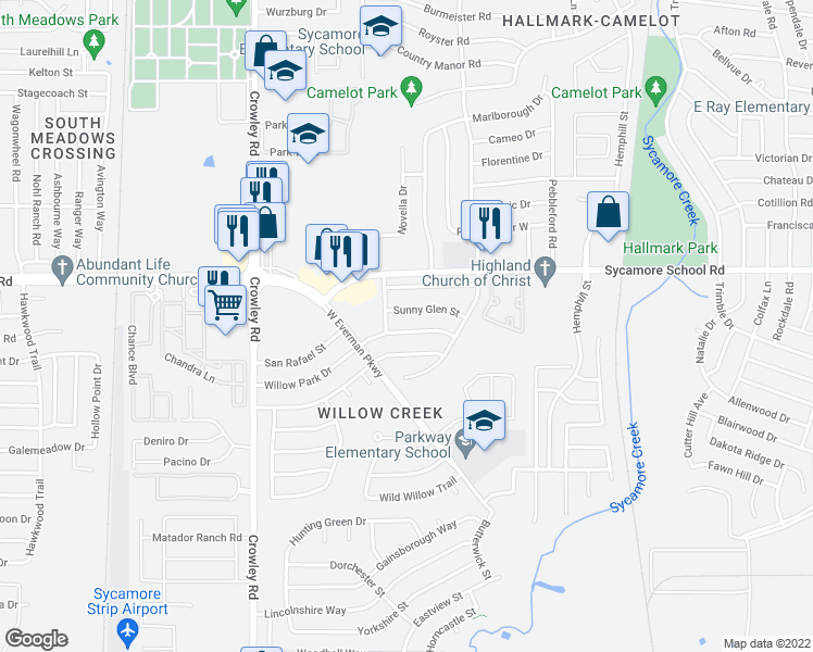 map of restaurants, bars, coffee shops, grocery stores, and more near 1512 Willow Park Drive in Fort Worth