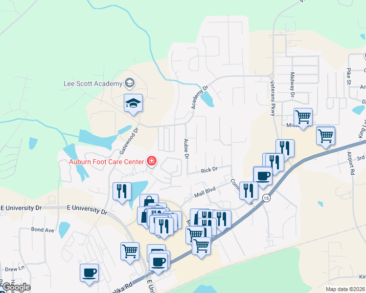 map of restaurants, bars, coffee shops, grocery stores, and more near 1293 Aubie Drive in Auburn