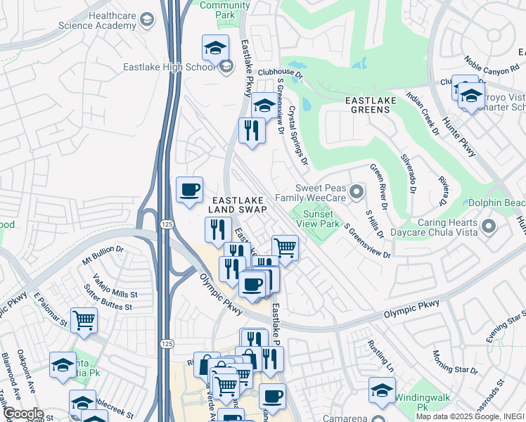 map of restaurants, bars, coffee shops, grocery stores, and more near 1326 Caminito Nazario in Chula Vista