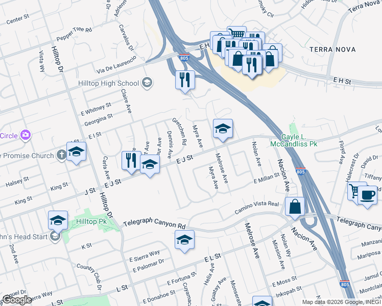 map of restaurants, bars, coffee shops, grocery stores, and more near 684 Myra Avenue in Chula Vista