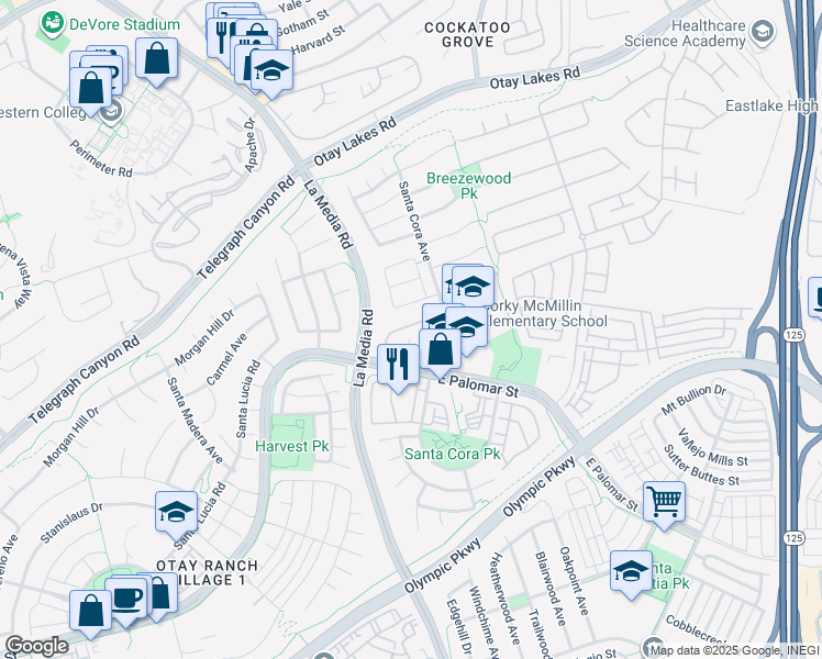 map of restaurants, bars, coffee shops, grocery stores, and more near 1710 Bramblewood Street in Chula Vista