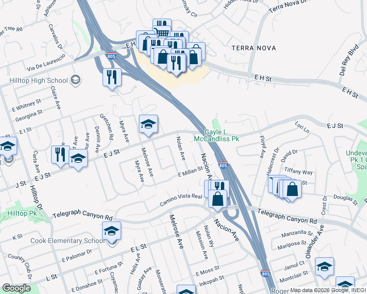 map of restaurants, bars, coffee shops, grocery stores, and more near 708 Nolan Avenue in Chula Vista