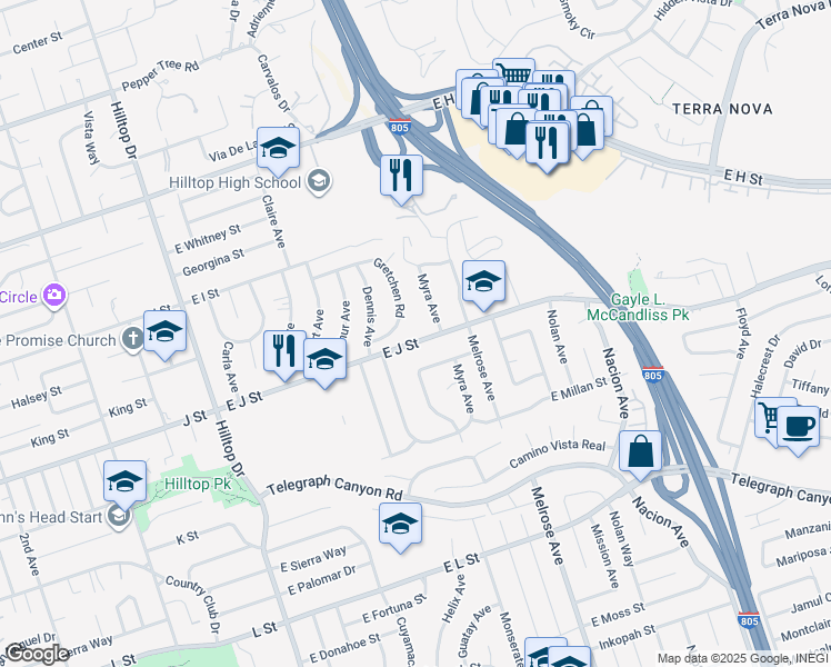 map of restaurants, bars, coffee shops, grocery stores, and more near 684 Myra Avenue in Chula Vista