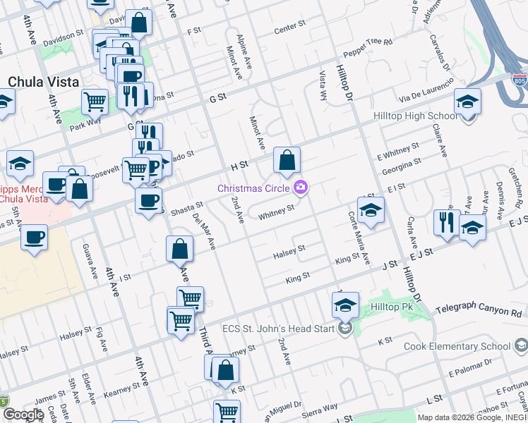 map of restaurants, bars, coffee shops, grocery stores, and more near 151 Mankato Street in Chula Vista