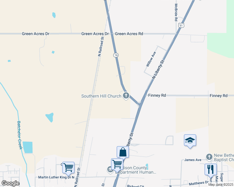 map of restaurants, bars, coffee shops, grocery stores, and more near 1411 Mississippi 16 in Canton