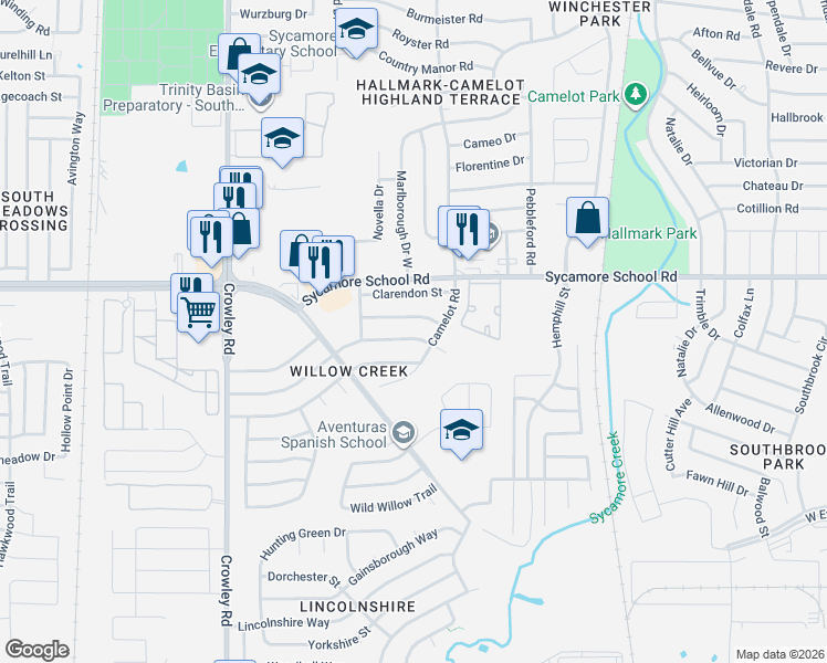 map of restaurants, bars, coffee shops, grocery stores, and more near 1412 Sunny Glen Street in Fort Worth