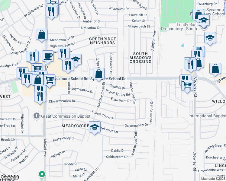 map of restaurants, bars, coffee shops, grocery stores, and more near 2717 Sagehill Drive in Fort Worth