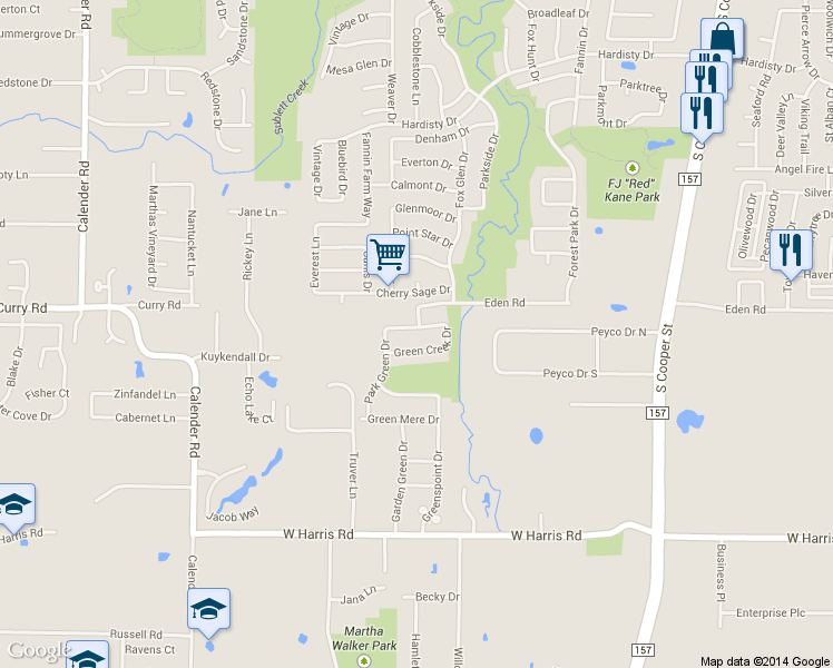 map of restaurants, bars, coffee shops, grocery stores, and more near 2307 Eden Green Drive in Arlington