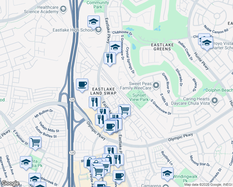 map of restaurants, bars, coffee shops, grocery stores, and more near 1325 Caminito Nazario in Chula Vista