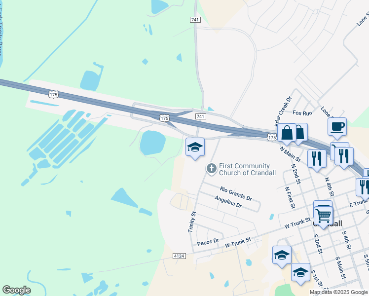 map of restaurants, bars, coffee shops, grocery stores, and more near 11663 U.S. 175 Frontage Road in Crandall