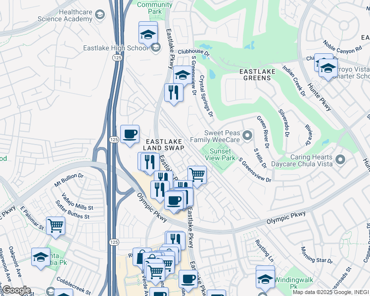 map of restaurants, bars, coffee shops, grocery stores, and more near 1325 Caminito Nazario in Chula Vista