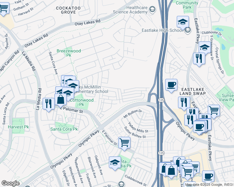 map of restaurants, bars, coffee shops, grocery stores, and more near 1271 Gorge Run Way in Chula Vista