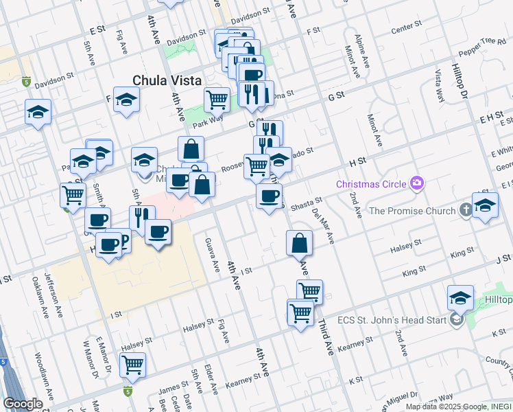 map of restaurants, bars, coffee shops, grocery stores, and more near 505 Garrett Avenue in Chula Vista