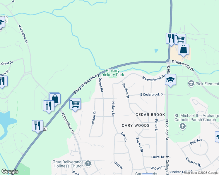 map of restaurants, bars, coffee shops, grocery stores, and more near 1323 Hickory Lane in Auburn