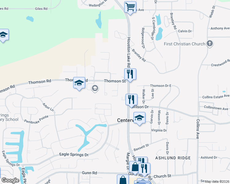 map of restaurants, bars, coffee shops, grocery stores, and more near 105 Charter Court in Centerville