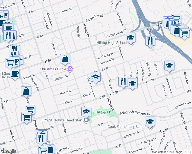 map of restaurants, bars, coffee shops, grocery stores, and more near 18 I Street in Chula Vista