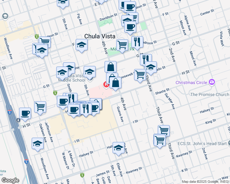 map of restaurants, bars, coffee shops, grocery stores, and more near in Chula Vista