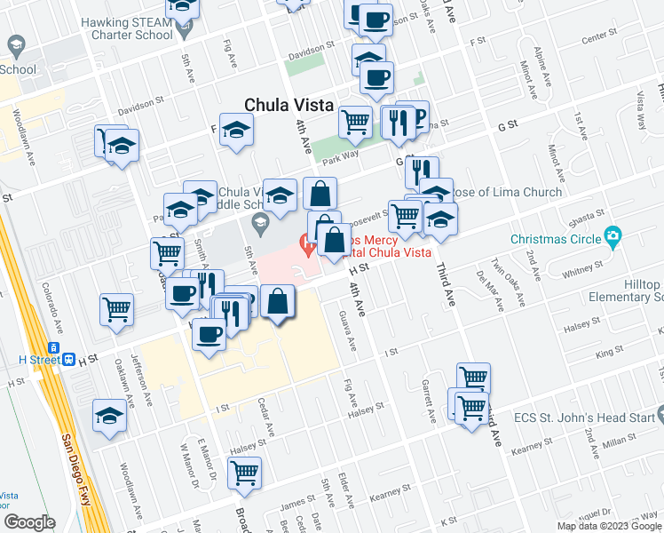 map of restaurants, bars, coffee shops, grocery stores, and more near 490 4th Avenue in Chula Vista