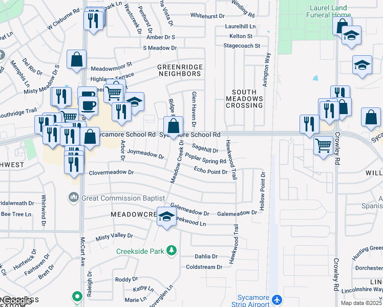 map of restaurants, bars, coffee shops, grocery stores, and more near 2717 Sagehill Drive in Fort Worth