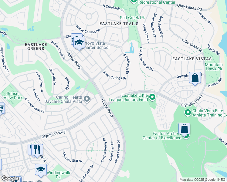 map of restaurants, bars, coffee shops, grocery stores, and more near 1452 South Creekside Drive in Chula Vista